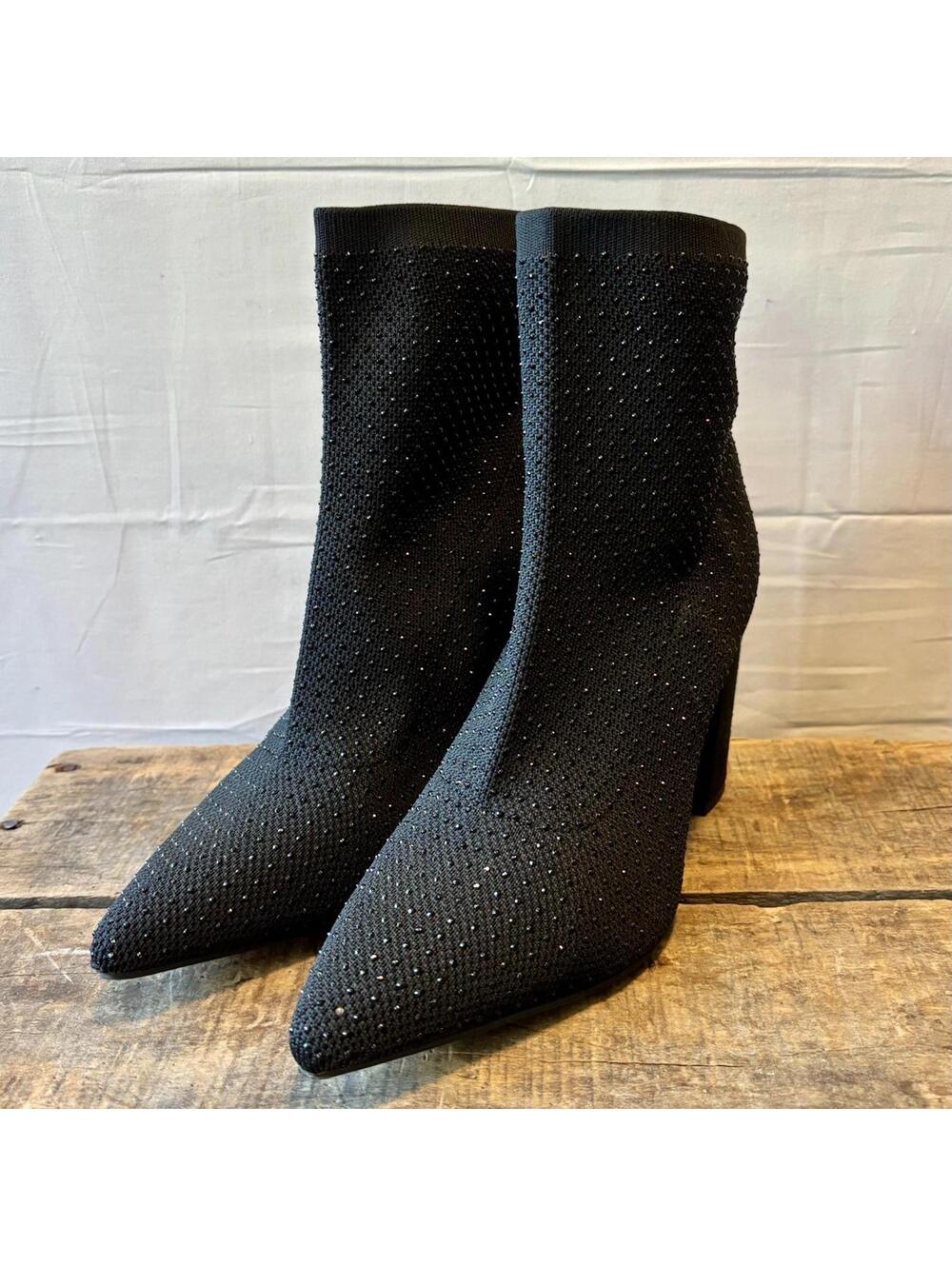 Black Rhinestone Embellished Stretch Knit Sock Ankle Bootie Block Size 9.5